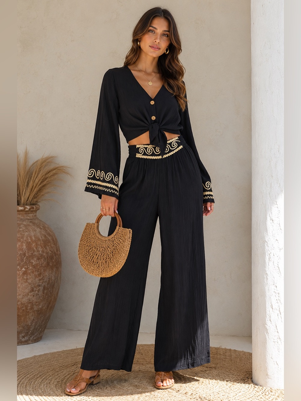 Vintage Carole Little Petites Black Rayon Boho Embroidered 2 Pc Set Size 2